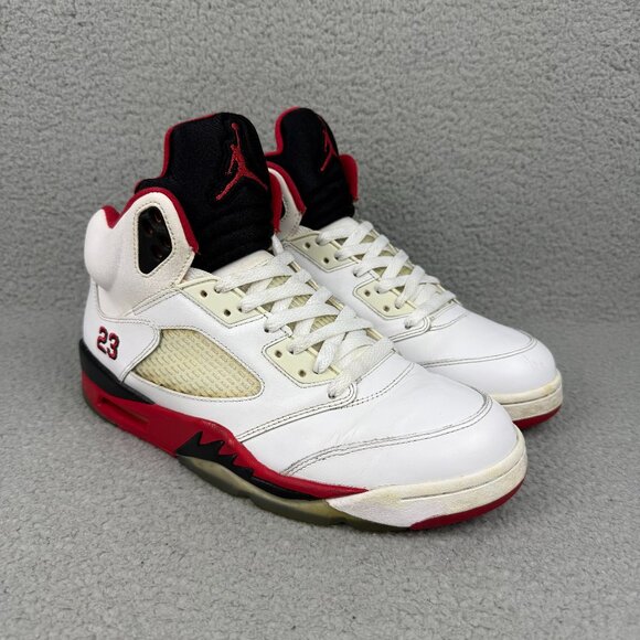 Jordan 5 Mens 10 Shoes White Fire Red Black Tongue Air Retro 2013 Sneakers 1